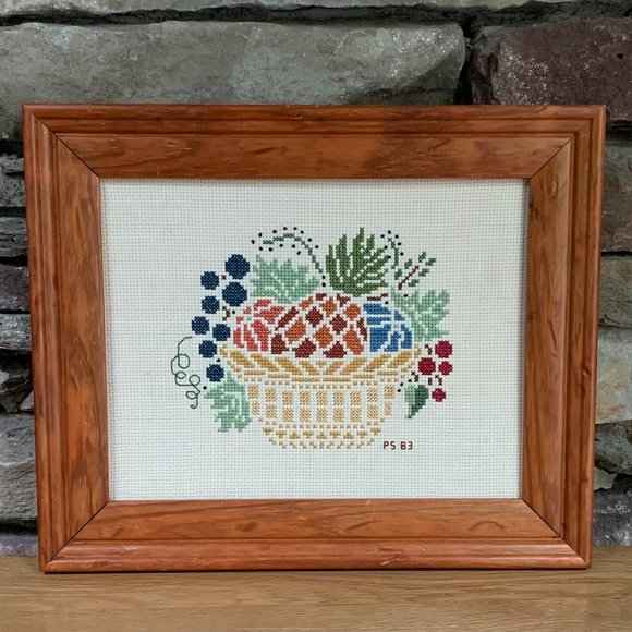 VTG Cross Stitch Fruit Basket Pineapple Grapes Completed Framed Embroidery Art - Picture 2 of 9